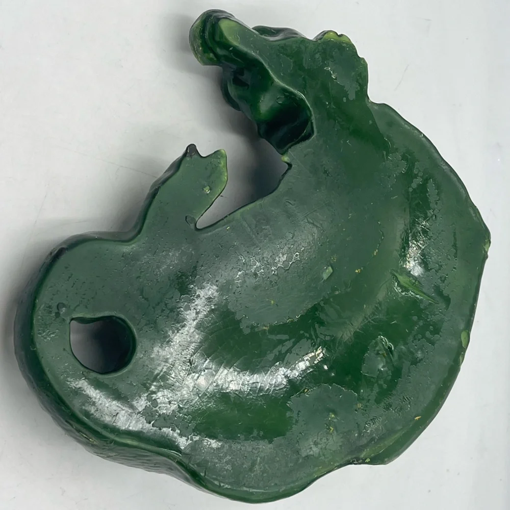 Vintage Unburnt Wax Candle Mythical Green Dragon Shaped Reptile w/Red Glass Eyes